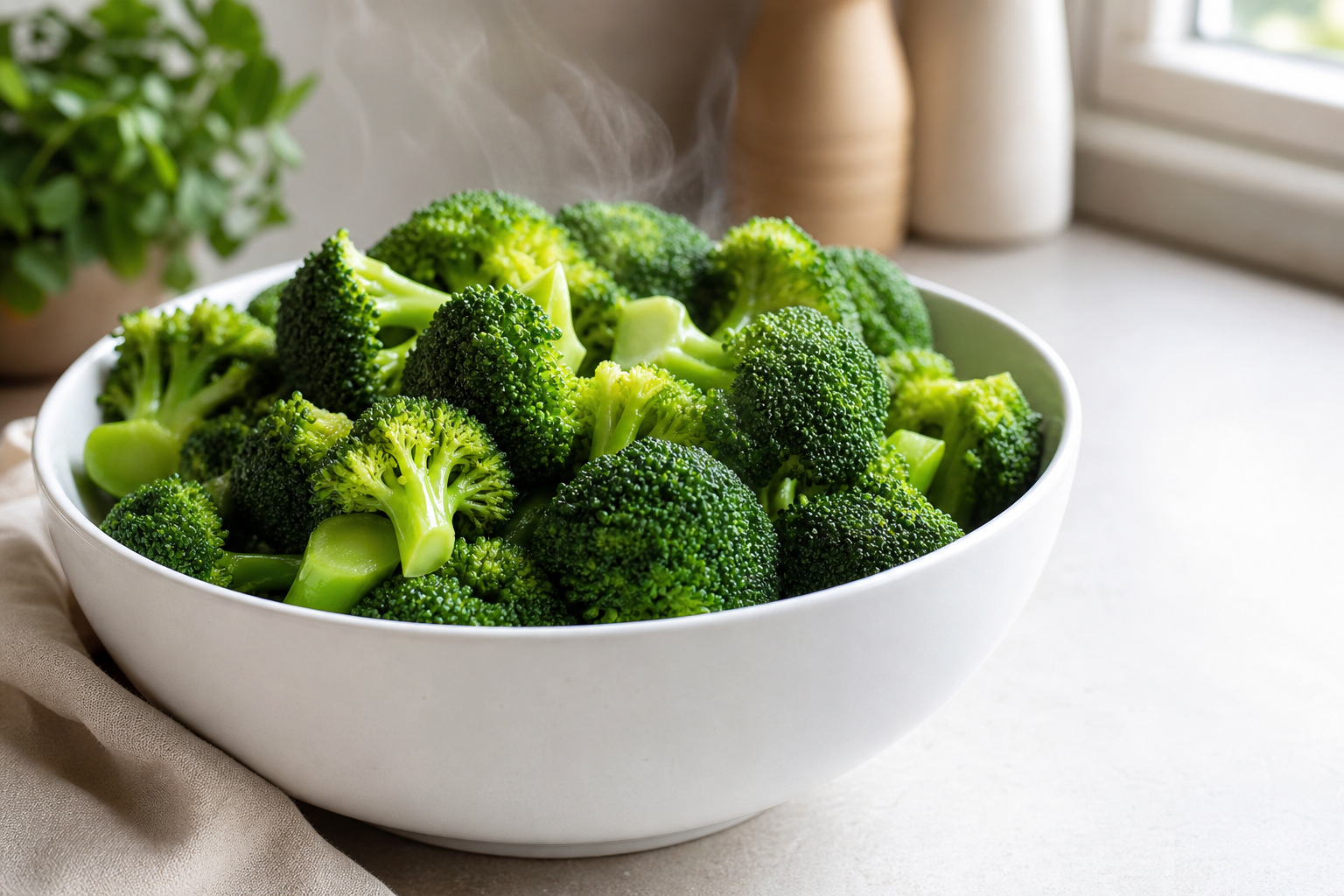 Freshly steamed broccoli in a white bowl