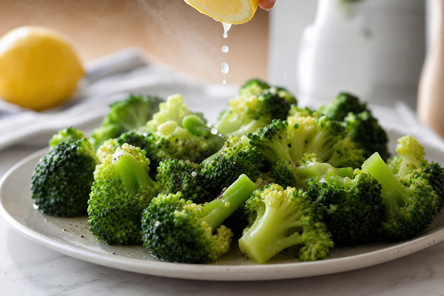 Steamed broccoli seasoned with lemon and black pepper