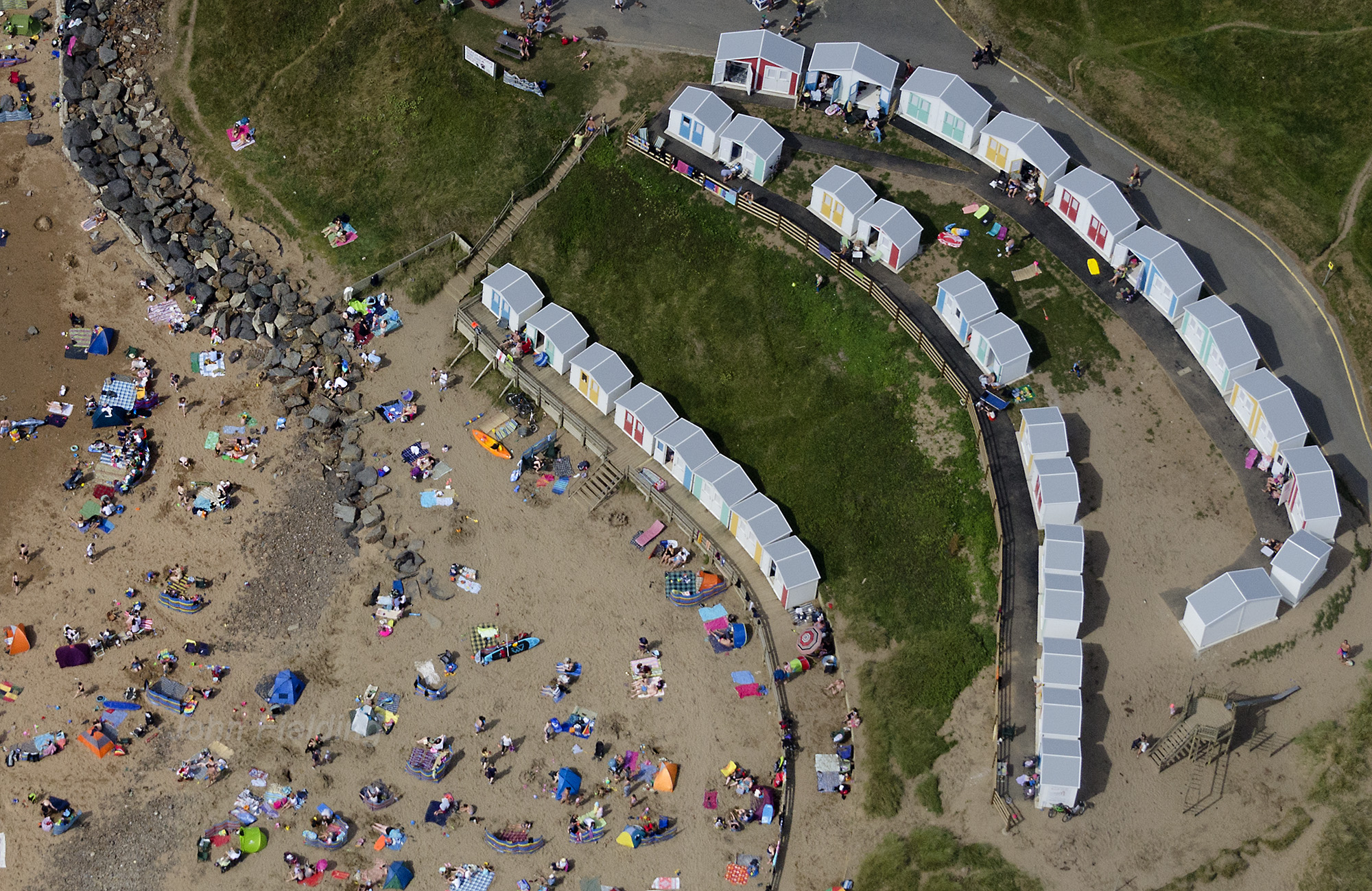 Beach huts on Bude beach in Cornwall