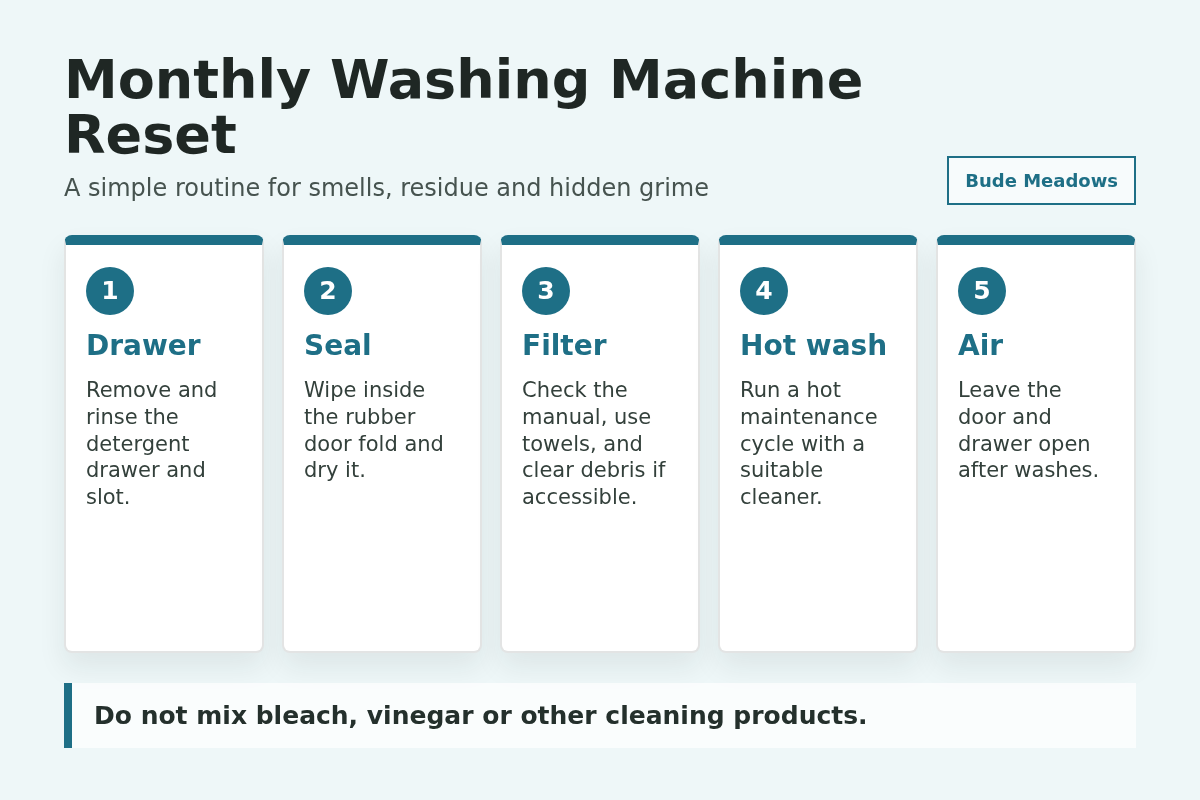 Monthly washing machine reset guide covering drawer, seal, filter, hot wash and airing.