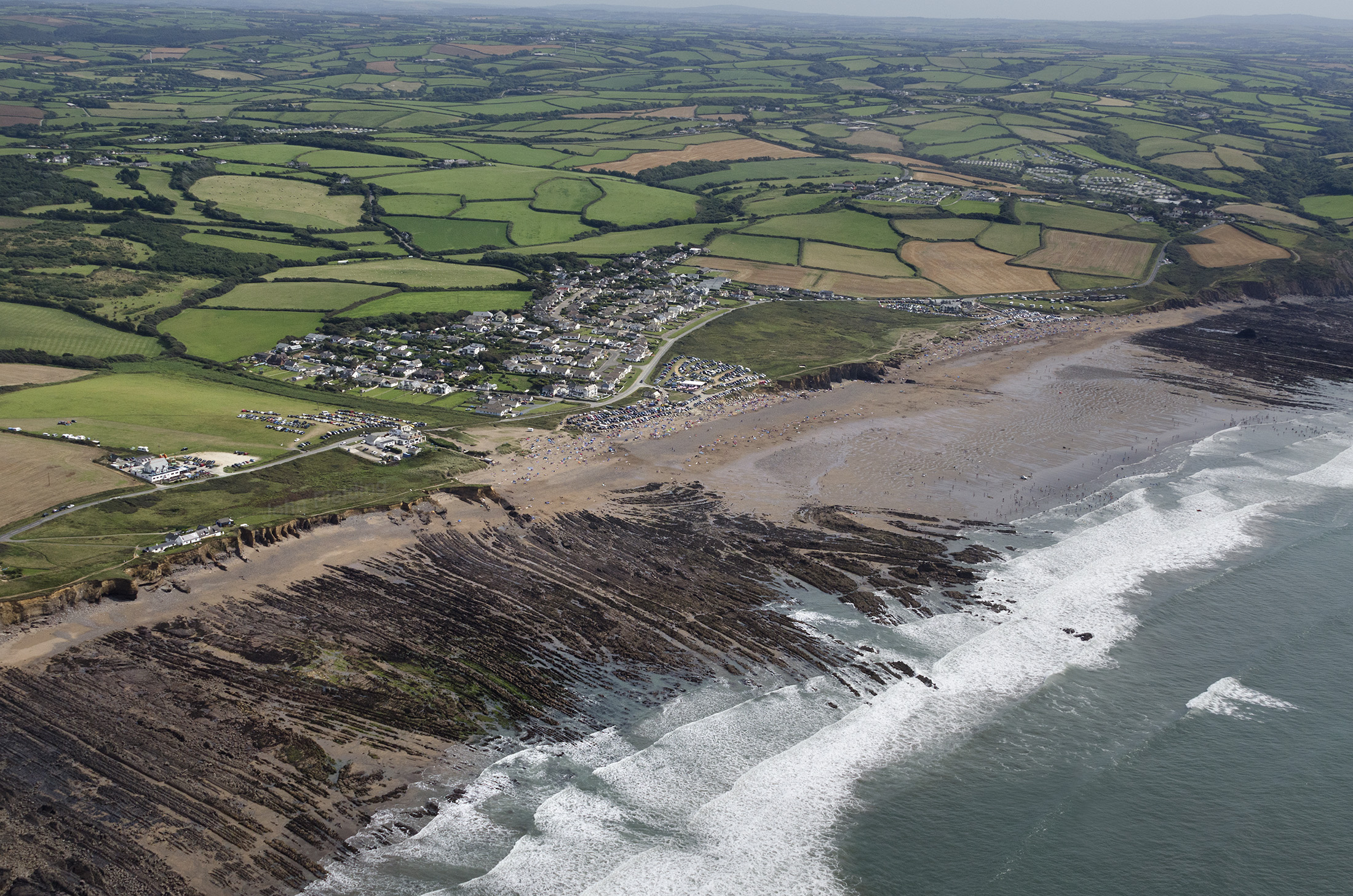 Aerial view of Widemouth Bay in north Cornwall